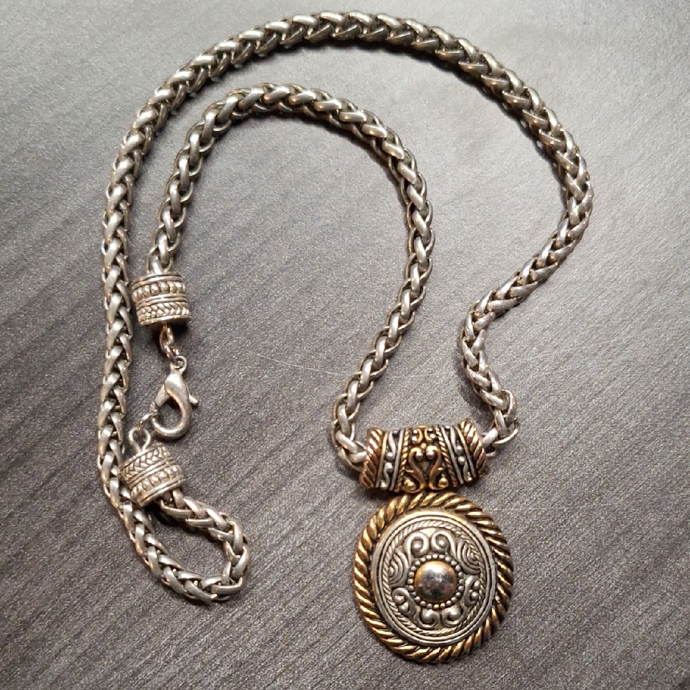 Two Tone wide chain with detailed medallion Silver and Gold pendant Necklace